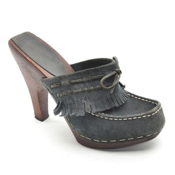 Frye Shoes - Frye Lacey Gray Suede Wooden Kiltie Heels Clogs 7 M